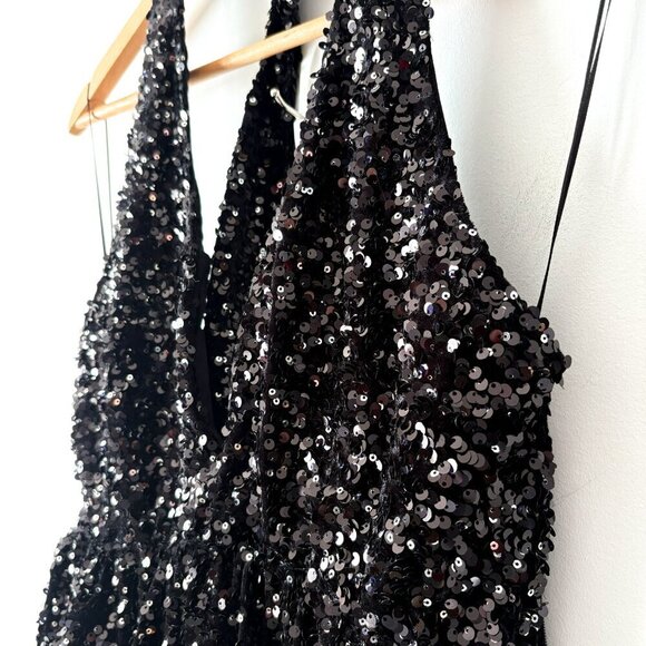 Zara Sequin Balloon Halter Mini Dress NWT Black Silver Size Medium Blogger Fav - Picture 5 of 10
